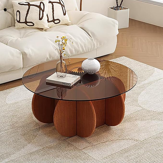 Modern Round Glass Coffee Table - Mid Century Small Coffee Table for Living Room, Suitable for Bedroom Living Room Reception Offices Couch Tables(Walnut/Brown)