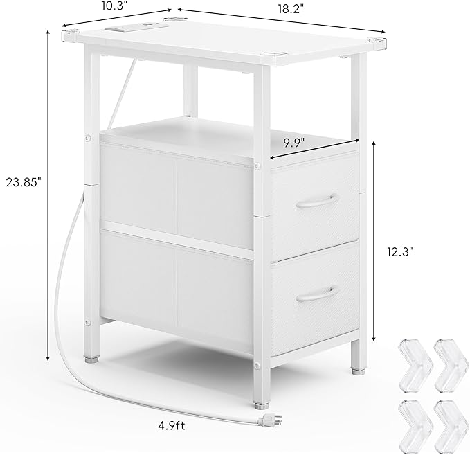 Vagusicc End Table with Charging Station Set of 2, Narrow Side Table, 23.8'' Tall Nightstand with 2 Drawers, Small Sofa Side Table Narrow Nightstand for Small Spaces, Living Room, Bedroom, White