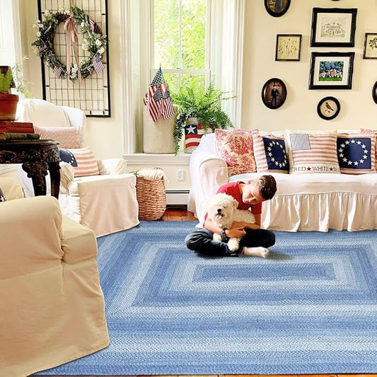 Homespice Denim Jute Blue 8x10' Braided Area Rug for Living Room, Bedroom and Dining Room. Pet Friendly. Decor Styles- Farmhouse Rug, Rustic, Vintage, Cottage, Primitive, Country, Boho Rug