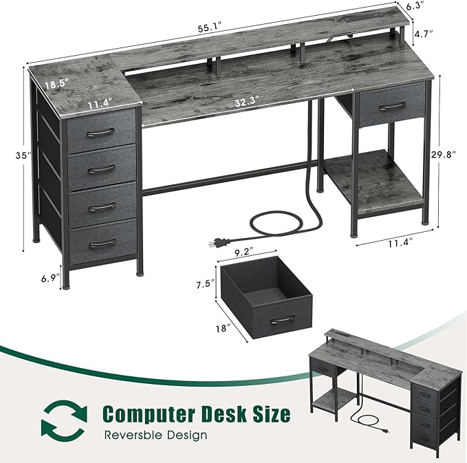 55 Inch Computer Gaming Desk with Power Outlets LED Lights, Reversible Home Office with Adjustable Fabric Storage Drawers for Working Writing Study, Grey