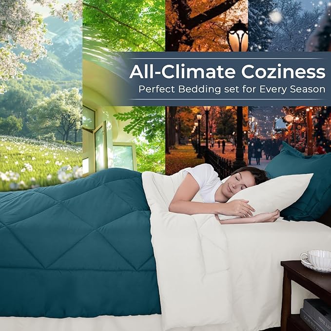 HEVUMYI Twin Comforter Set - 5-Piece All Season Bed in a Bag Twin, Ultra Soft Bedding Set with Comforter, Flat Sheet, Fitted Sheet, Pillowcases, Pillow Shams, Peacock Blue & Ivory