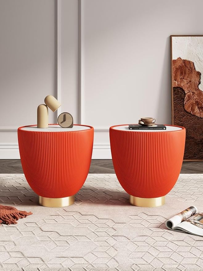 Manhattan Comfort Anderson Modern 18.43" Round End Table 2.0 - Ceramic Marble Tabletop, Elegant Pleated Leatherette Design & Gold Stainless Steel Base, Fully Assembled, Set of 2, Orange
