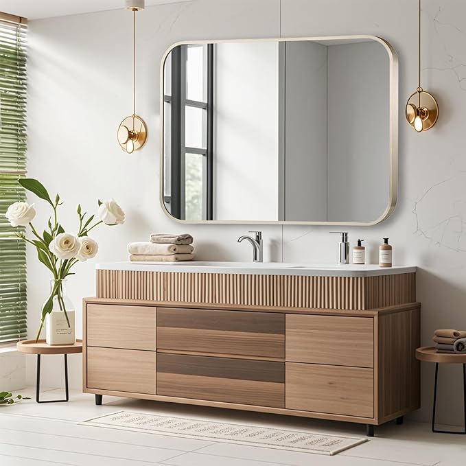 30x36 Inch Brushed Nickel Bathroom Mirror, Framed Rectangle Mirror with Rounded Corner, Brushed Mirror, Silver Bathroom Mirror for Over Sink, Vanity, Living Room, Bedroom, Horizontal/Vertical
