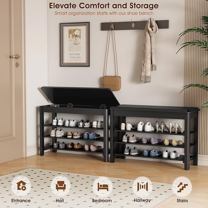 Shoe Rack Bench Seat Rubberwood 3-Tier Wooden Storage Bench 550lbs Compact Mid-Century Modern Design for Entryway, Hallway, Closet, Front Door Entrance, Foyer
