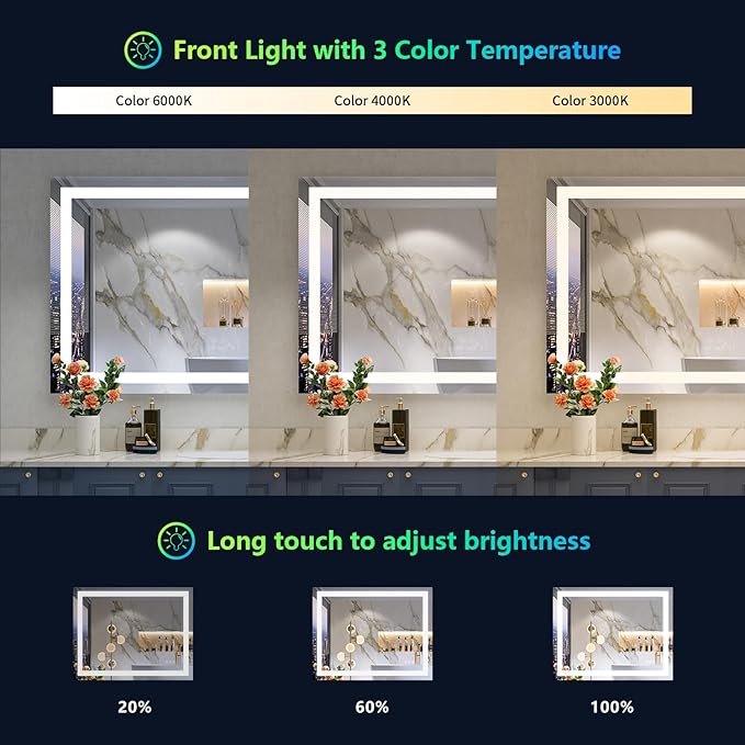 48x32 Inch RGB LED Bathroom Mirror Front Light and RGB Backlit Lighted Vanity Mirror for Bathroom Wall Mounted Dimmable Anti Fog Memory Shatter-Proof IP54 Waterproof Horizontal/Vertical