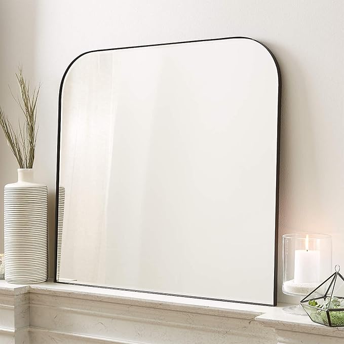 34x40'' Large Matte Black Arched Mantel Mirror Rounded Corner Wall Mirror for Bathroom, Living Room or Powder Room