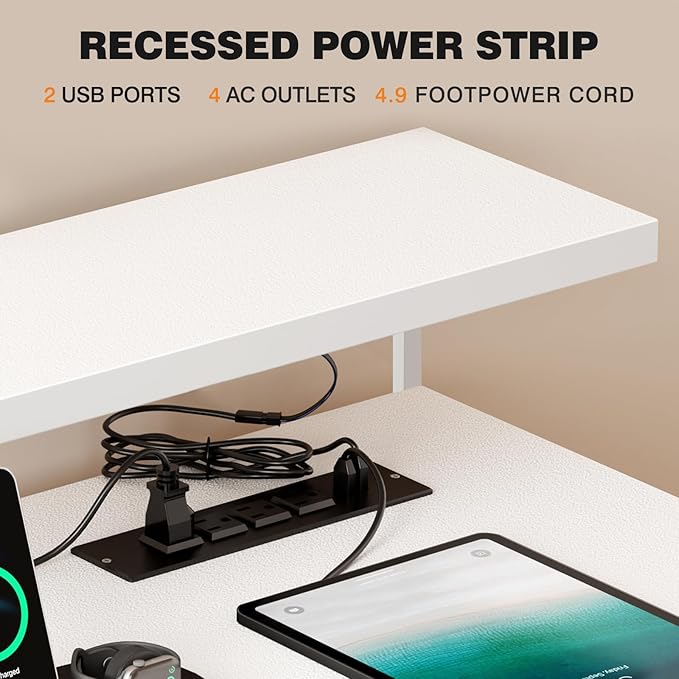 DlandHome Computer Desk 60” with LED Lights &Power Outlets, Writing Desk with Monitor Stand, Work Study Desk for Home Office, White