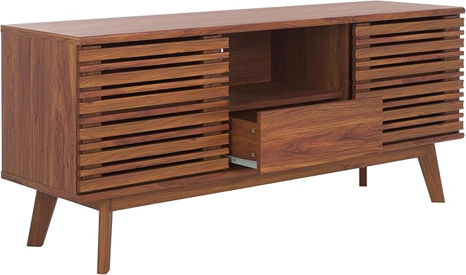 SAFAVIEH ESMA TV Stand for up to 60" Flatscreen – Walnut Brown, Low Sideboard with 2 Sliding Doors, 1 Open Shelf, 1 Drawer, Entertainment Media Console (MED9638A)
