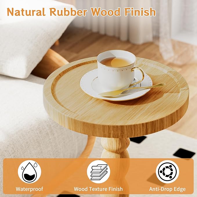 Solid Wood Drink Table, Rubber Wood‌ Small Round Side Table for Small Spaces, Martini Tables, Pedestal End Tables for Living Room, Bedroom, Corners, and Office (Natural, 9.4 inch)