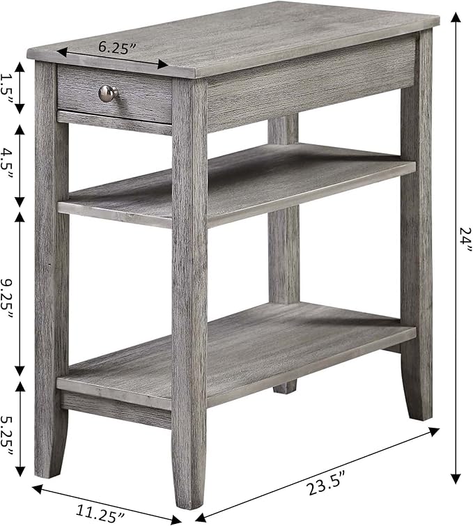 Convenience Concepts American Heritage Chairside End Table with Drawer 23.5" - Classic Living Room Table with Storage Shelf, Bedroom Nightstand, Wirebrush Light Gray