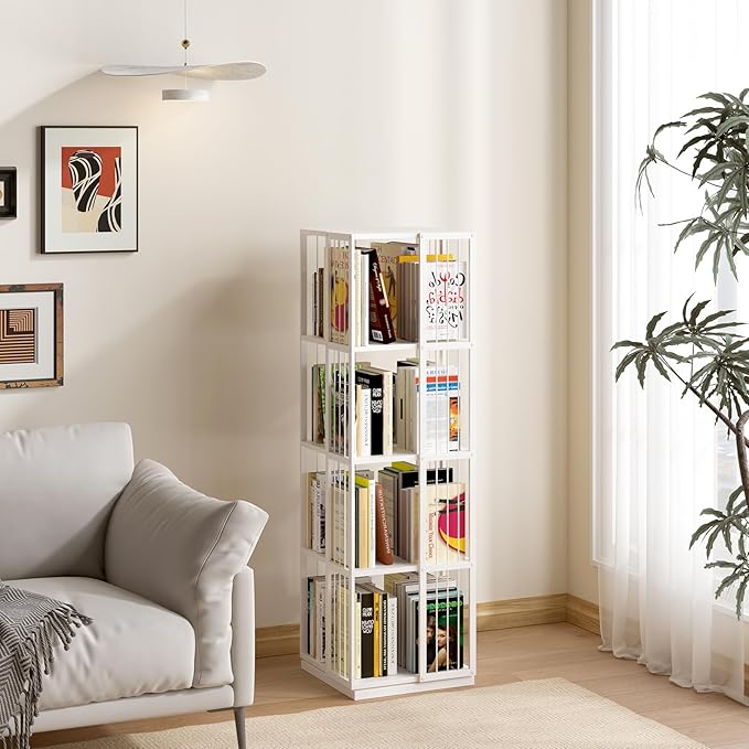 Square Rotating Bookshelf Tower - 360 Spinning Display Corner Bookcase for Narrow Space, Modern 4-Tier Revolving Storage Shelf, White