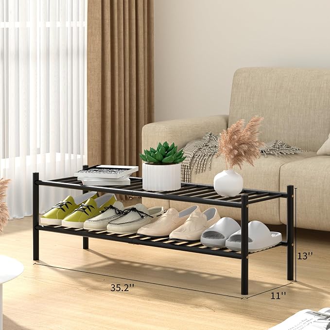 2-Tier Bamboo Long Shoe Rack, Free Standing Wood Shoe Shelf Storage Organizer for Closet Entryway Stackable 35"x11"x13" (Black)
