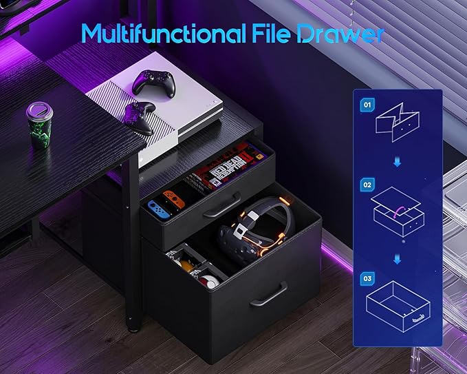 AODK Computer Desk with Drawers and Keyboard Tray, 55" Office Desk with Power Outlet and LED Lights, Reversible Study Work Desk with Printer Shelf and PC Stand for Home Office, Black