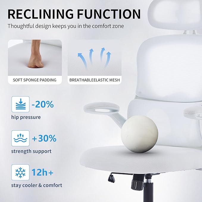 Ergonomic Mesh Office Chair, 400 lbs Capacity, High Back Desk Chair with Adjustable Lumbar Support, 3D Headrest, Flip-Up Armrests, and PU Wheels for Long Workdays and Home Office (White)