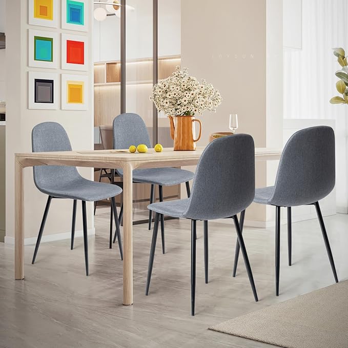 FurnitureR Dining Chairs Set of 4, Fabric Comfy Seat Armless Side Chairs with Metal Legs for Home Kitchen Dining Room Reception Room, Slubbed Grey