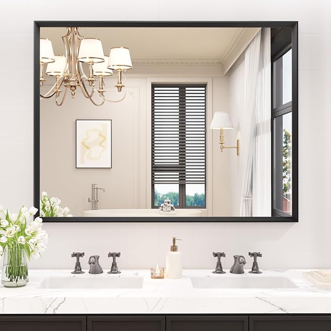 40x36 Inch Bathroom Mirror, Matte Black Framed Rectangle, 4MM Tempered Glass, Anti-Rust, Wall-Mounted Vanity Mirror for Bathroom & Bedroom - Hangs Horizontally or Vertically
