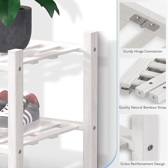 Haddockway Long 2 Tier Bamboo Shoe Rack Storage Organizer, Multifunctional Free Standing Stackable Shoe Shelf with Grid Panel for Closet,Hallway,Entryway,Small Space 34.2"x11"x13"(White, 2-Tier(Long))
