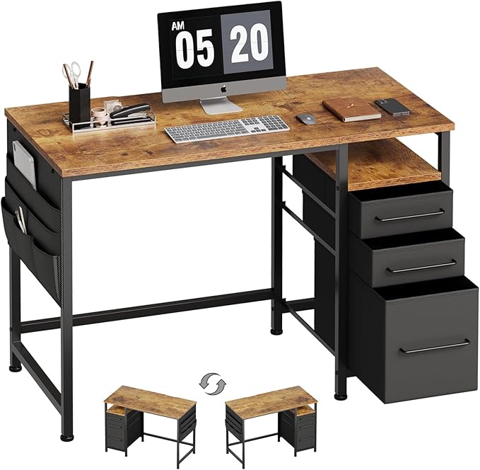 Ｍａｉｈａｉｌ Maihail Small Desk with Drawers, 40 inch Computer Desk with Shelves, Writing Desk with Storage, Small Office Desk with Metal Frame, Rustic Brown