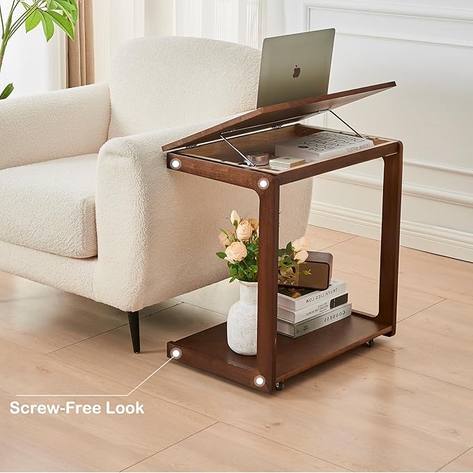 CozyDH Adjustable C Shaped End Table, Rolling Side Table Solid Wood TV Sofa Tray Table for Couch Arm Eating Multi-Purpose, Small Coffee Table with Wheels Living Room Bedroom, Walnut