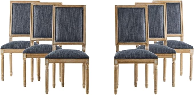 Merax Upholstered Solid Wood Dining Chairs Set of 6, French Country Style Accent Side Seating Furniture for Kitchen, Living Room, Cushioned Back, Blue Gray