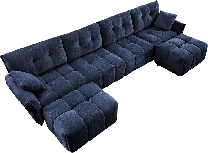 Modern Chenille Fabric 4-Seat Sofa w/Two Ottoman+2 Pillows, Premium Upholstery Living Room Couch with Tufted Backrest & Comfortable Armrests and High-Resilience Memory Foam Cushions,Blue