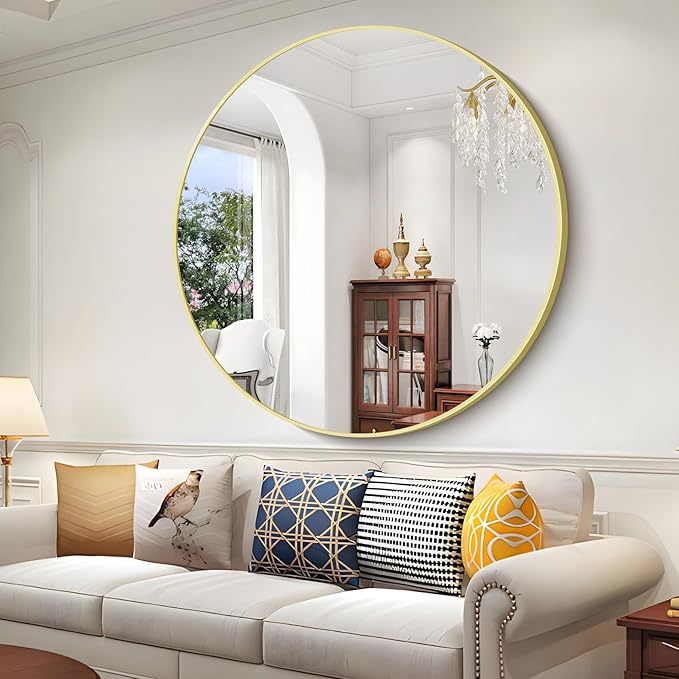 Gold Round Mirror, 48 inch Large Circle Mirrors, Aluminum Metal Frame Big Round Bathroom Mirror, Oversized Circle Mirror, Huge Circular Mirrors for Wall Bathroom Entryway Bedroom Living Room