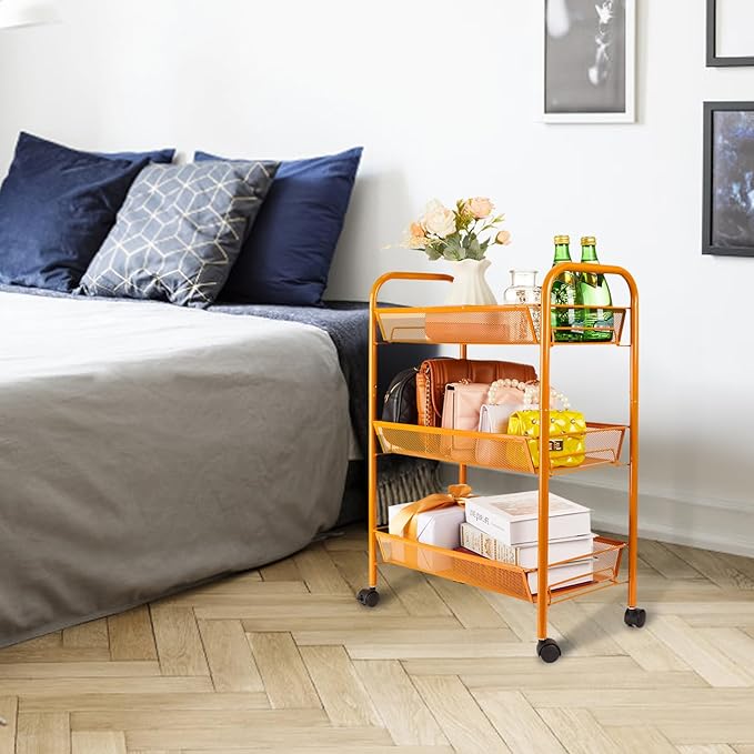 3-Tier Metal Rolling Cart, Storage Shelf with Lockable Caster Wheels, Mobile Storage Cart Used for Kitchen, Bathroom, Livingroom(Orange)