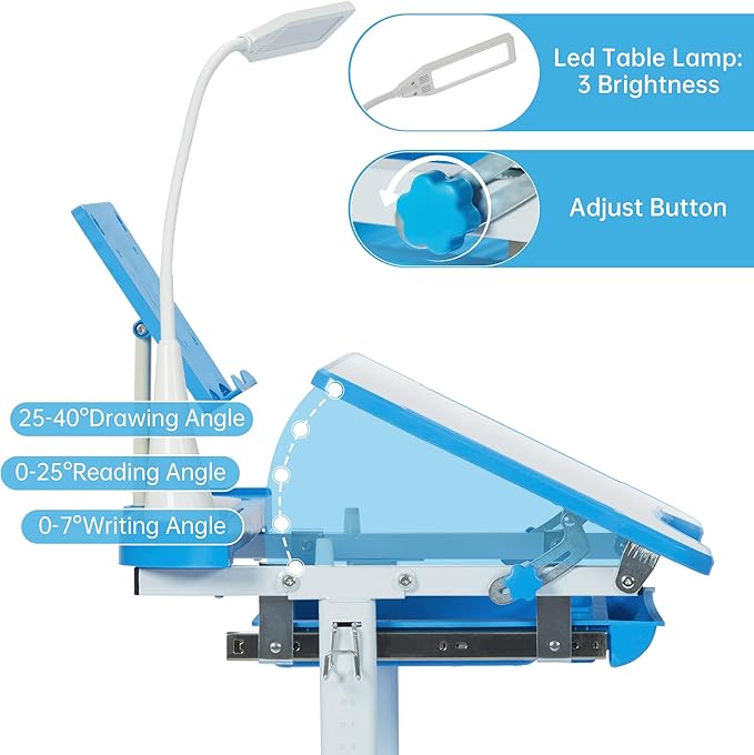 Real Relax Kids Desk and Chair Set, Children's Multifunctional School Tables with Tilt Desktop, LED Light, Metal Hook Blue