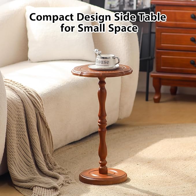 Solid Wood Side Table, Small Drink Table for Small Spaces, Round Vintage Pedestal End Tables for Living Room, Bedroom, Plant, Accent for Corners