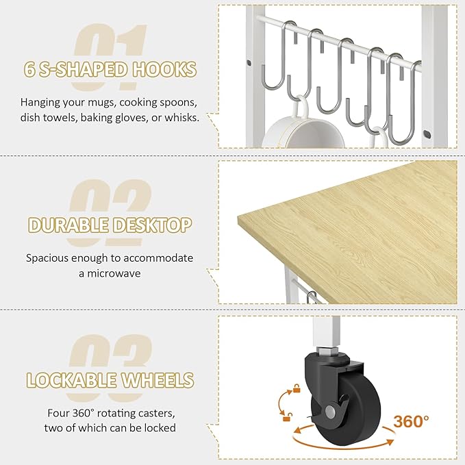 Rolling Kitchen Microwave Cart, 3 Tier Microwave Table Stand with Adjustable Shelf, Kitchen Storage Rack on Wheels, Coffee Station Cart Rack Shelf Organizer for Living Room Office, Balcony