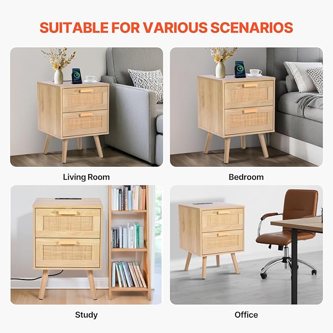 VEVOR Rattan Nightstand, Boho Bedside Table with 2 Drawers, End Table Nightstand with Solid Wood Legs, Rattan Bedside Table with Charging Station, for Bedroom
