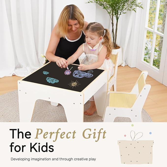 wingyz 4-in-1 Toddler Table and Chairs Set, Kids Play Tables with Storage, Wooden Sensory Tables with Dual-Sided Blocking Baseplate, Baby Activity Table with Chalkboard