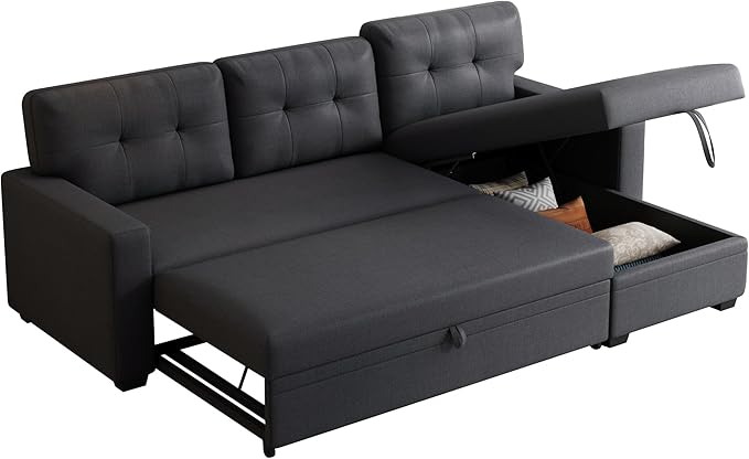 Ball & Cast Convertible Sectional Sleeper Sofa Bed L Shaped 4 in 1 Pull Out Couch with Reversible Storage Chaise & Removable Back Cushions,Sleeper Corner Pull Out Sofa Bed Couch for Living Room,Office
