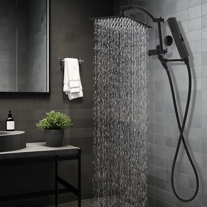 Hibbent All Metal 8'' Rainfall Shower Head, Square Shower Head Combo, High Pressure Handheld Shower Wand, 4 Sprays, 16'' Adjustable Arc-shaped Extension Arm, 71'' Hose, Showerhead Holder, Matte Black