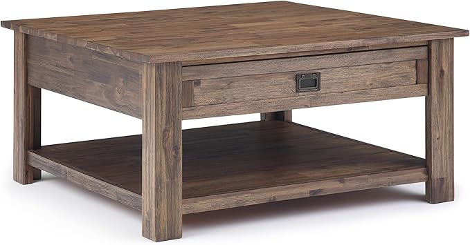 SIMPLIHOME Monroe Square Coffee Table - 38 inch Wide Solid Acacia Wood Living Room Table in Rustic Natural Aged Brown, Rustic Cocktail Table for Family Room or Lounge with 2 Drawers and Open Shelf