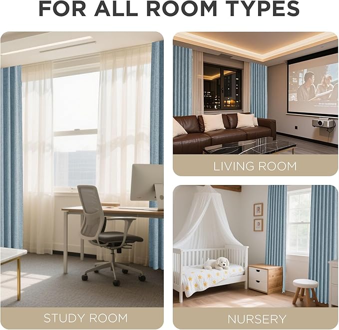 Joydeco 100% Blackout Curtains for Bedroom - Natural Linen Curtains 90" L Long, Thermal Insulated 2 Panels Sky Blue Light Blocking Drapes, Rod Pocket & Back Tabs, Darkening Privacy for Living Room
