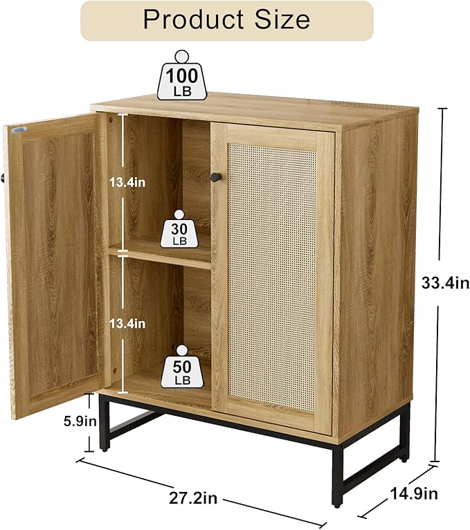 Sideboard Buffet Cabinet, Storage Cabinet with Double Rattan Doors, Modern Rattan Sideboard Cabinet, Kitchen Storage Cabinet with Metal Feet, for Entryway, Bedroom, Living Room (Natural Wood)