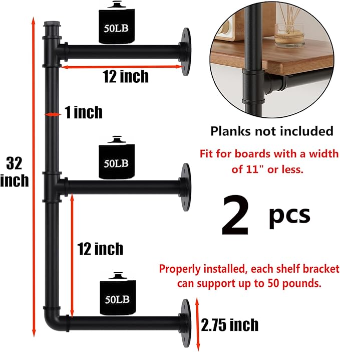 Industrial Pipe Shelf Brackets Wall Mount, Open Black Pipe Shelving for Kitchen,Floating Shelf Brackets Mount,Open Bookshelf Brackets for Shelves,Wall Shelves 12 Inch Deep,(2PcsX3Tier,32" Tall)