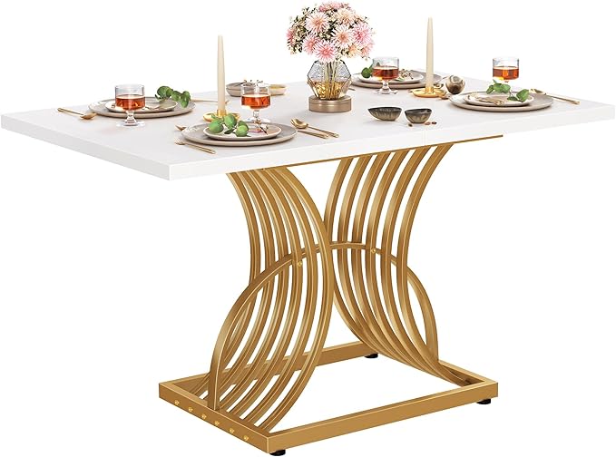 DWVO Modern Dining Table for 4 People 47 Inch Rectangular Kitchen Table with White Tabletop and Gold Geometric Legs Small Dinner Table Kitchen & Dining Room Furniture White & Gold