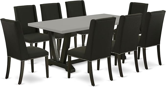 East West Furniture V697FL624-9 9 Piece Kitchen Table Set Includes a Rectangle Dining Table with V-Legs and 8 Black Linen Fabric Parson Dining Room Chairs, 40x72 Inch, Multi-Color