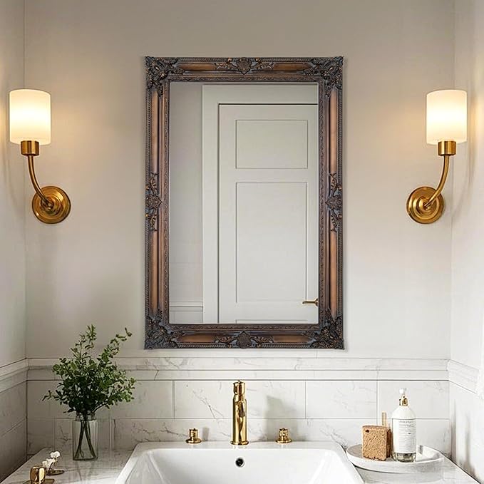 Antique Decorative Mirror, 37.4''x25.6''Vintage Mirror with Ornate Bronze Wood Frame, Decorative Wall Mirrors for Entryway, Living Room, Bathroom