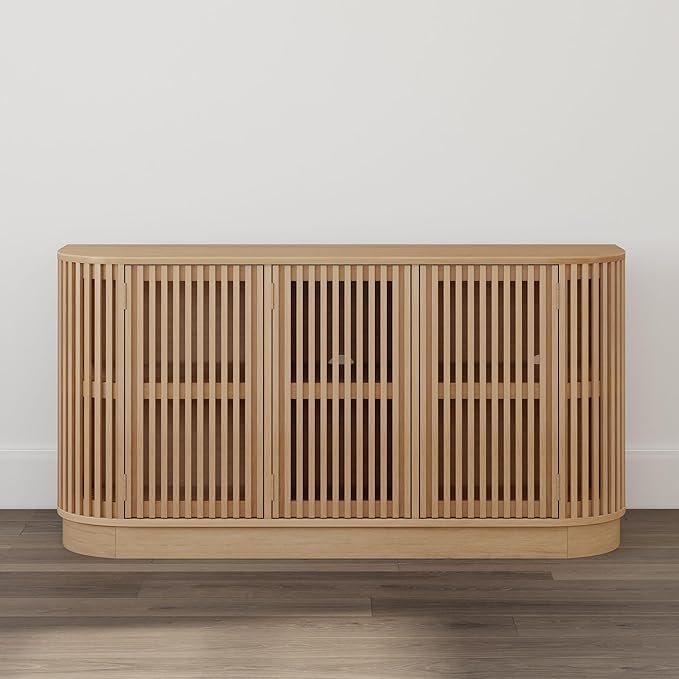 Plank+Beam Contour Wood TV Stand, Three Door Solid Wood Entertainment Console with Storage, 59" L x 16" W x 30" H, Blonde