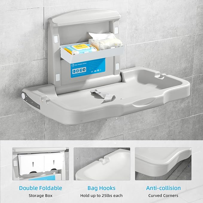 Fold-Down Baby Changing Diaper Station - Horizontal Wall Mounted, Sturdy & Durable with Safety Straps for Commercial Bathrooms(1 White Granite)