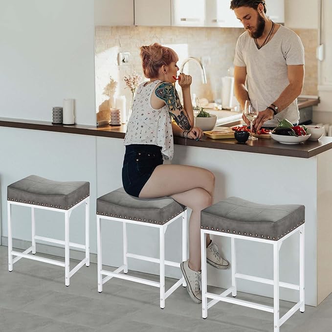 Bar Stools Set of 2, Counter Height Bar Stools with Thick Saddle Cushion and Barstools Metal Frame, 24" Modern Saddle Stool for Bar, Stool for Kitchen Counter Island Pub (Grey+White)