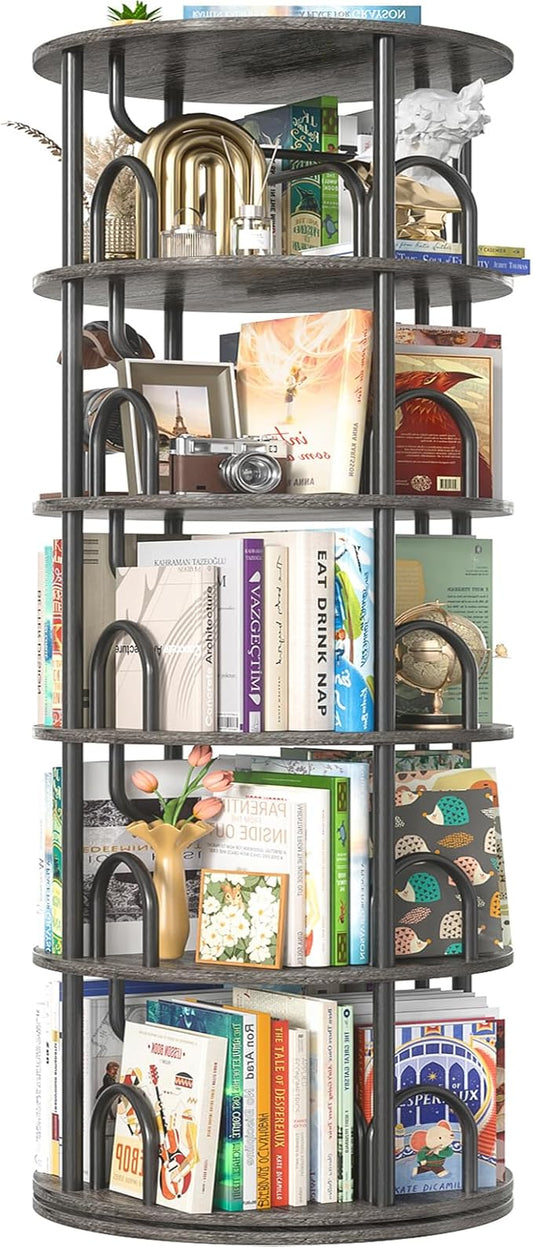 Aheaplus 5 Tier Rotating Bookshelf Tower, 360 Display Spinning Bookcase, Revolving Round Book Shelf Narrow Swivel Bookshelf, Vertical Turning Corner Book Organizer for Small Space, Black Oak