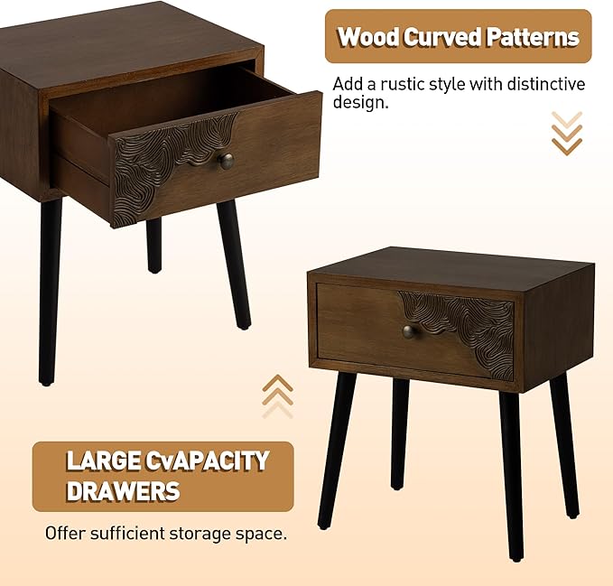 COSIEST Nightstand Set of 2, Mid Century Modern End Table with Storage Drawer, Accent Side Table, Vintage Wood Luxury Night Stand Small Wood End Table for Bedroom, Living Room, Walnut