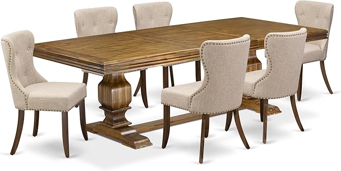 NKSI7-AWA-04 7-Piece Modern Dining Table Set Includes a Kitchen Table and 6 Light Tan Linen Fabric Dining Room Chairs with Button Tufted Back - Antique Walnut Finish