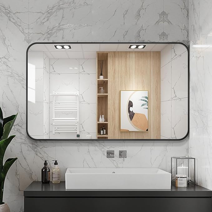 Large Modern Bathroom Mirror with Black Frame, 5mm Copper Free Silver Mirror,Black Frame, Easy Installation (Black, 48" L x 30" W)
