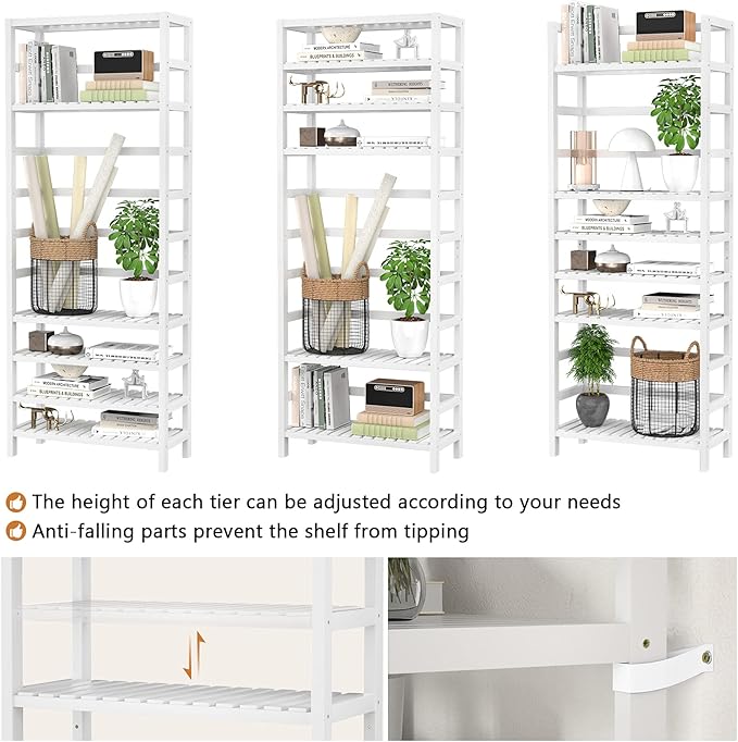 Homykic 6-Tier Bamboo Bookshelves and Bookcases, Adjustable 63.4”Tall Shallow Book Shelf Organizer Rack, Freestanding Storage Shelving Unit for Living Room, Kitchen, Bathroom, Office, White