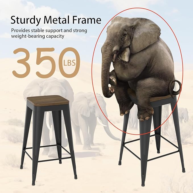 24 inch Backless Bar Stools Set of 4, Indoor Metal Bar Stools with Wood Seat, Industrial Counter Height Barstools for Kitchen Island, Black